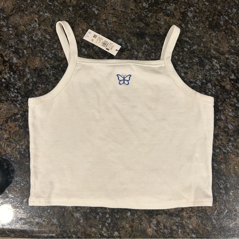 NWT Garage Crop Tank Top Embroidered Butterfly Y2K White Ribbed XL